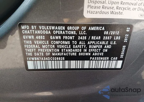 2013 Volkswagen Passat 2.0L Tdi Se z USA, uszkodzony, nr VIN 1VWBN7A34DC026825